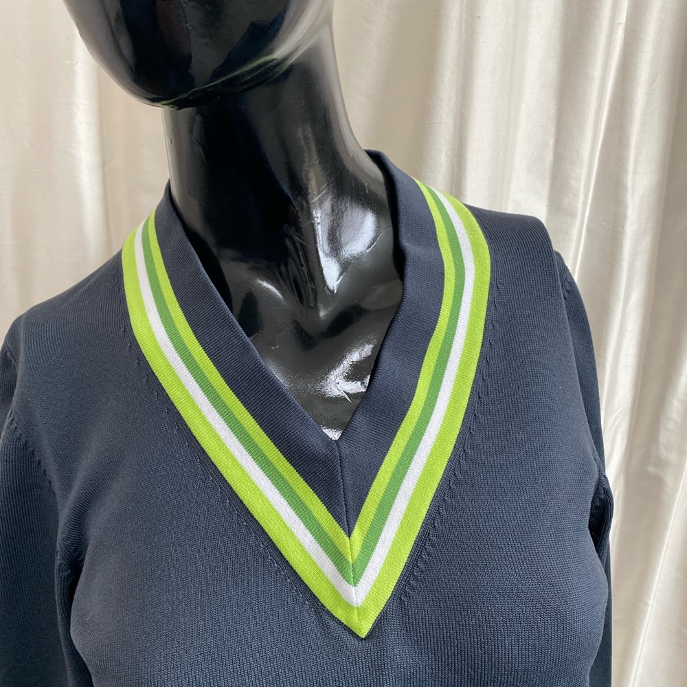 NIKE charcoal gray sweater with spring green v neck.